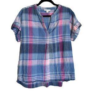 Beach Lunch Lounge Women's Linen Blue Pink Plaid Top